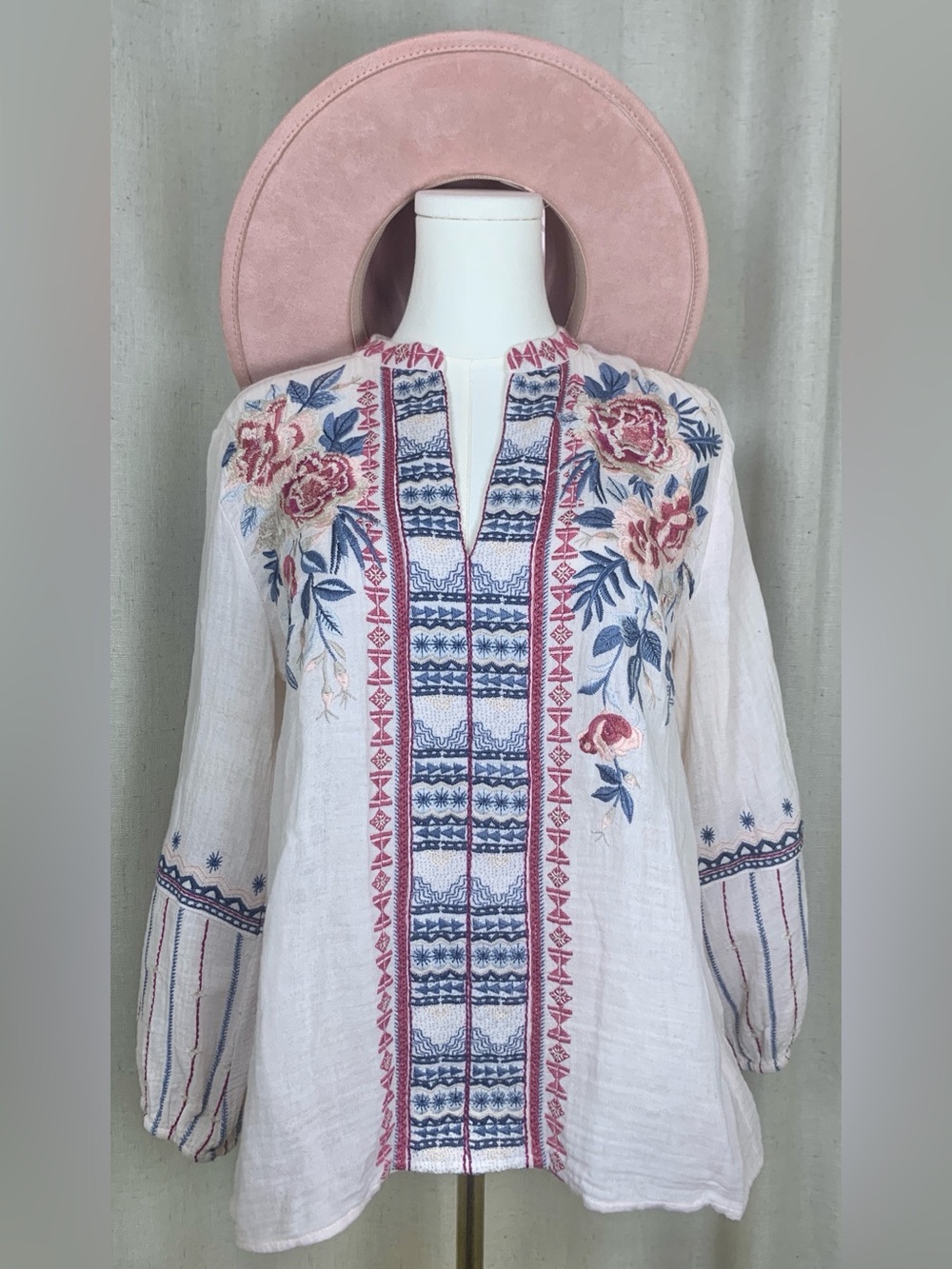 Johnny Was Embroidered Floral Boho Peasant Blouse Tunic XS